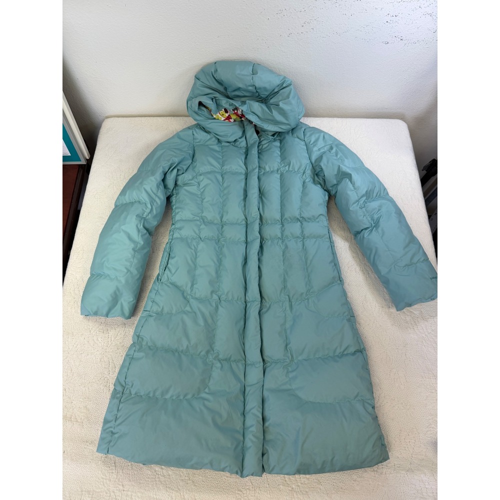 Patagonia Girls Down Parka Teal Blue Long Quilted Puffer Coat Floral Lining 1745